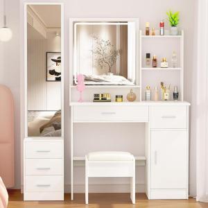 imageGreenvelly Vanity Desk with Mirrors and LightsWhite Vanity with Lighted Mirror and ChairMakeup Dressing Table with Drawers for WomenGirlBedroom