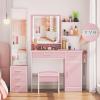 imageGreenvelly Makeup Vanity Table with Lighted Mirror 57quot White Vanity Desk with 3 Lighting Modes and Chair Dressing Table with Drawers Vanity Desk for Women and Girls BedroomWhite Pink
