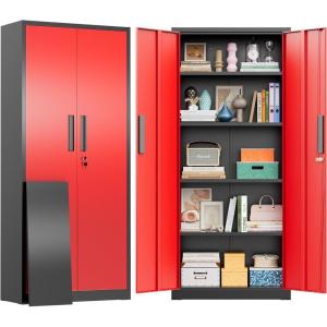 imageGreenvelly 63quot H Metal Pantry Storage Cabinet Black Locking Metal Cabinet with 4 Adjustable Shelves Kitchen Pantry Cabinets for Office Home Garage Pantry KitchenBlack Red