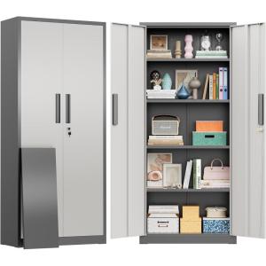 imageGreenvelly 63quot H Metal Pantry Storage Cabinet Black Locking Metal Cabinet with 4 Adjustable Shelves Kitchen Pantry Cabinets for Office Home Garage Pantry KitchenWhite Grey