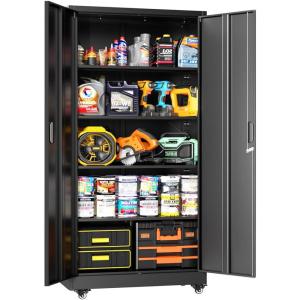 imageGreenvelly 73quot Metal Garage Storage Cabinet with Wheels Black Lockable Metal Cabinet with 2 Doors and 4 Adjustable Shelves Rolling Steel Tool Organization for Garage Home Office SchoolBlack
