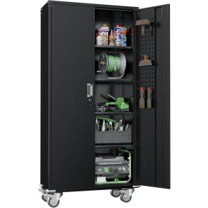imageGreenvelly 73quot Storage Cabinet with WheelsBlack Metal Rolling Garage Cabinet with Locking Doors and 4 Adjustable Shelves for HomeKitchenOfficeWarehouse32quot W x 16quot DBlack