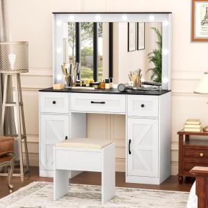 imageGreenvelly Farmhouse Vanity with Lights Desk and ChairWhite Vanity Desk with Mirror and Lights3 Lighting ModesDressing Table with DrawersVanity Table Set for WomenGirls