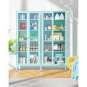 imageGreenvelly Metal Glass Display Cabinet with 5Tier Storage Shelves Tall Curio Cabinets with Glass Doors and Shelves Pink Steel Cabinet Collectibles Display Case for Home Office Living Room PantryBlue