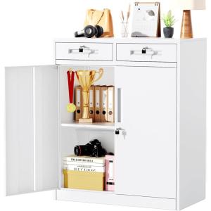 imageGreenvelly Metal Storage Cabinet with 2 Drawers36quot Black Lockable Metal Cabinets with Doors and Shelves Steel File Cabinet with Lock for Home Office Garage School ApartmentWarehouseWhite