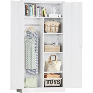 imageGreenvelly Metal Wardrobe Cabinet with Lock Door 72quot Metal Wardrobe Closet with Hanging Rods and Adjustable Shelves Clothing Storage Closet Cabinet for Home Office Employee Gym GreyWhite