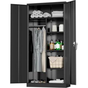 imageGreenvelly Metal Wardrobe Cabinet with Lock Door 72quot Metal Wardrobe Closet with Hanging Rods and Adjustable Shelves Clothing Storage Closet Cabinet for Home Office Employee Gym GreyBlack