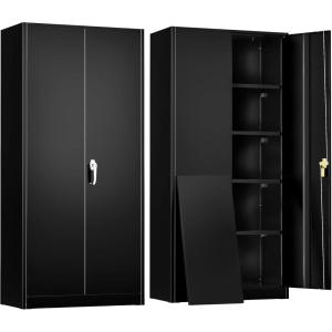imageGreenvelly Steel SnapIt Storage Cabinet 72quot Locking Metal Garage Storage Cabinet with 4 Adjustable Shelves 2 Doors and Lock for File Office Garage Home BlackBlack