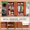 imageGreenvelly Metal Wardrobe Cabinet with Wooden Handle 72quot Metal Wardrobe Closet with Hanging Rods and Adjustable Shelves Clothing Storage Closet Cabinet for Home Office Employee Gym WhiteBrown