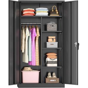 imageGreenvelly Metal Wardrobe Cabinet with Wooden Handle 72quot Metal Wardrobe Closet with Hanging Rods and Adjustable Shelves Clothing Storage Closet Cabinet for Home Office Employee Gym WhiteBlack