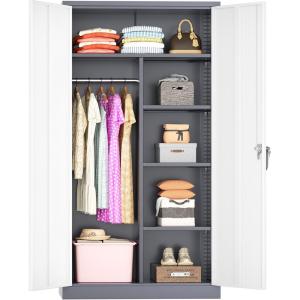 imageGreenvelly Metal Wardrobe Cabinet with Wooden Handle 72quot Metal Wardrobe Closet with Hanging Rods and Adjustable Shelves Clothing Storage Closet Cabinet for Home Office Employee Gym WhiteDark Grey