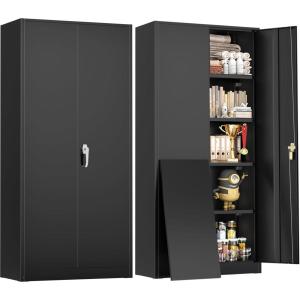 imageGreenvelly Metal Lockable Storage Cabinet 72 Storage Cabinet with 2 Doors and 4 Adjustable Shelves for Office Home Garage Pantry Assembly Required Black