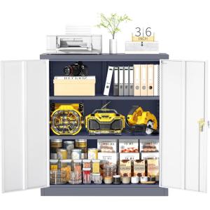 imageGreenvelly Metal Garage Storage Cabinet Lockable Metal Cabinets with 2 Doors and Shelves36Steel Storage Locking Counter Cabinet for OfficeGarageKitchenHomeSchoolGrey WhiteGrey White