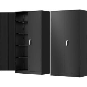 imageGreenvelly Metal Storage Cabinet with Lock Steel Garage Storage Cabinet with 2 Doors and Adjustable Shelves File Organization for Office Home Garage School BlackBlack