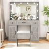 imageGreenvelly Makeup Vanity with Lights Grey Farmhouse Vanity Desk with Lighted Mirror 3 Lighting Modes Brightness Adjustable Dressing Table with Drawers Vanitys Table Set for Women GirlsGrey
