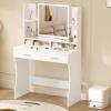 imageGreenvelly Makeup Vanity with Lights Grey Farmhouse Vanity Desk with Lighted Mirror 3 Lighting Modes Brightness Adjustable Dressing Table with Drawers Vanitys Table Set for Women GirlsWhite