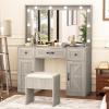imageGreenvelly Makeup Vanity with Lights Grey Farmhouse Vanity Desk with Lighted Mirror 3 Lighting Modes Brightness Adjustable Dressing Table with Drawers Vanitys Table Set for Women GirlsGrey