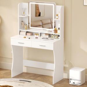 imageGreenvelly Makeup Vanity with Lights Grey Farmhouse Vanity Desk with Lighted Mirror 3 Lighting Modes Brightness Adjustable Dressing Table with Drawers Vanitys Table Set for Women GirlsWhite