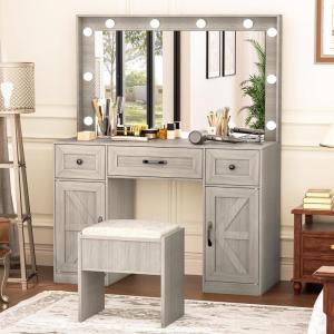imageGreenvelly Makeup Vanity with Lights Grey Farmhouse Vanity Desk with Lighted Mirror 3 Lighting Modes Brightness Adjustable Dressing Table with Drawers Vanitys Table Set for Women GirlsGrey