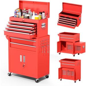 imageGreenvelly 7Drawer Metal Tool Chest Rolling Tool Chest with Wheels Tool Cabinet with Top Pegboard and Hooks Metal Tool Cart with Handle for Garage Workshop Warehouse BlackRed