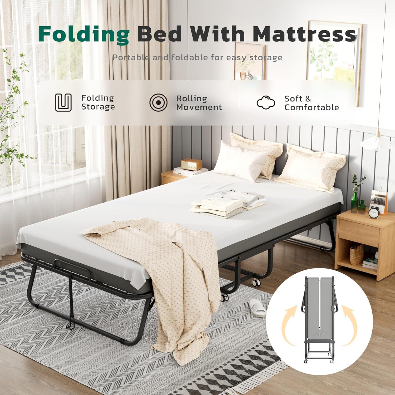 imageGreenvelly Folding Bed with Mattress75quot Foldable Beds for Adults Roll AwayBed with Mattress and Metal Frame for Home OfficeGuestLiving Room31quot W38 with Cover Protector