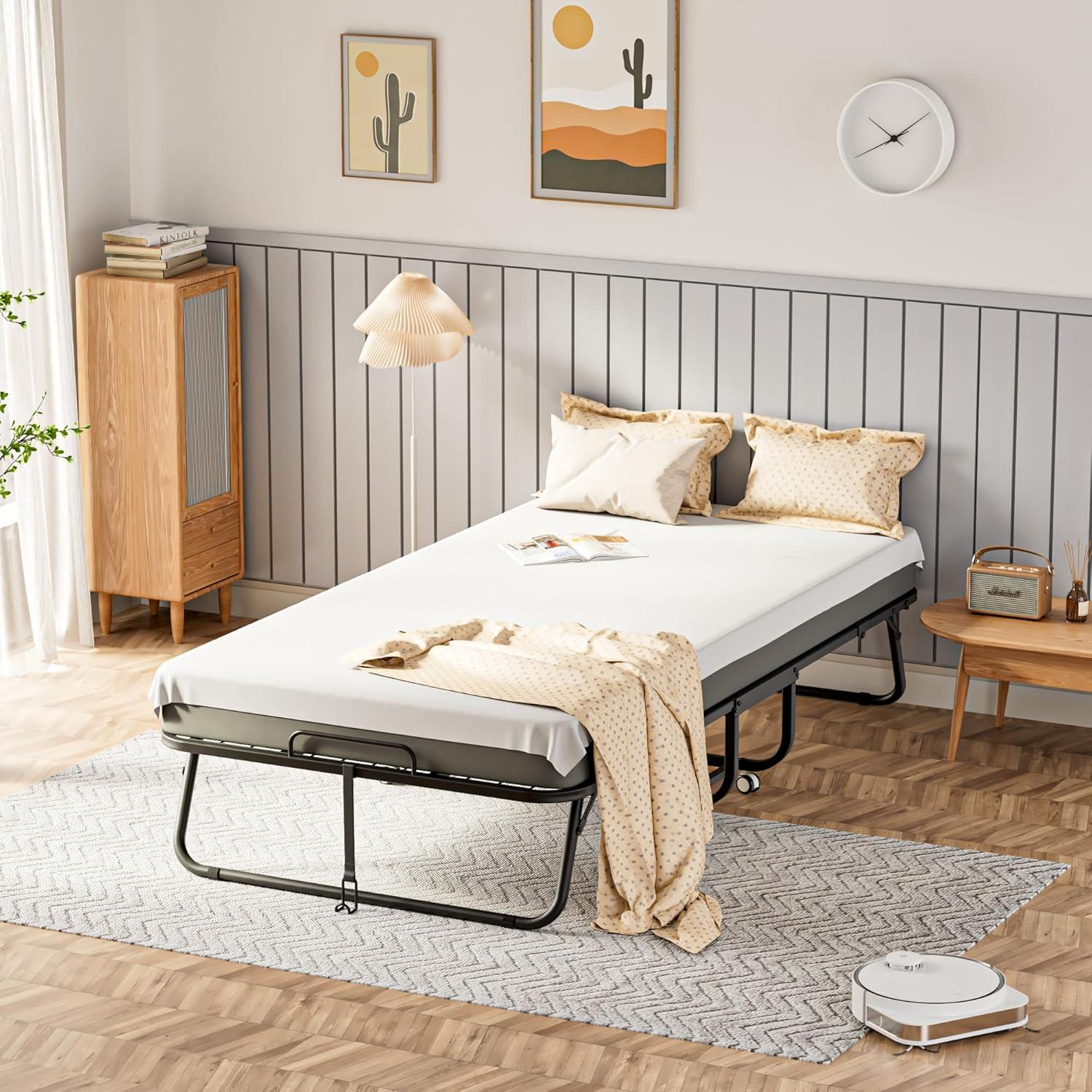 imageGreenvelly Folding Bed with Mattress75quot Foldable Beds for Adults Roll AwayBed with Mattress and Metal Frame for Home OfficeGuestLiving Room31quot W31 with Cover Protector