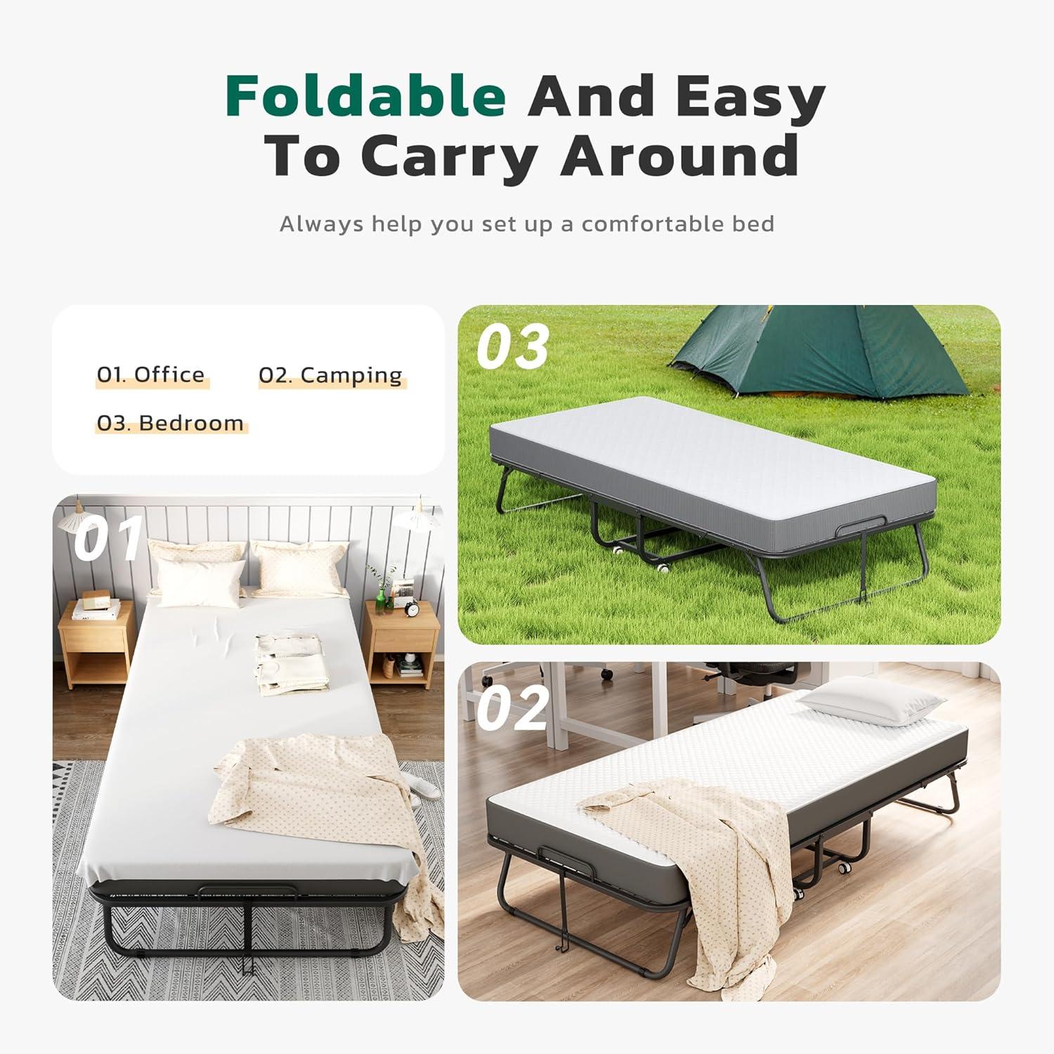 imageGreenvelly Folding Bed with Mattress75quot Foldable Beds for Adults Roll AwayBed with Mattress and Metal Frame for Home OfficeGuestLiving Room31quot W38 with Cover Protector