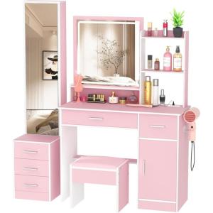 imageGreenvelly Vanity Desk with Mirrors and LightsWhite Modern Vanity with Lighted Mirror and ChairMakeup Dressing Table with Drawers for WomenGirlBedroomModern Pink