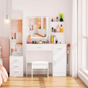 imageGreenvelly Vanity Desk with Mirrors and LightsWhite Modern Vanity with Lighted Mirror and ChairMakeup Dressing Table with Drawers for WomenGirlBedroomModern White