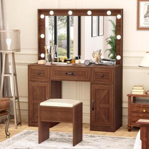 imageGreenvelly Vanity Desk with Mirrors and LightsWhite Modern Vanity with Lighted Mirror and ChairMakeup Dressing Table with Drawers for WomenGirlBedroomBrown