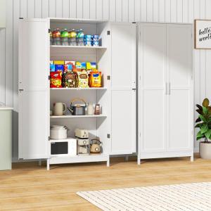 imageGreenvelly Kitchen Pantry Cabine White Storage Cabinet with Doors and Adjustable Shelves Pantry Storage Cabinet Freestanding Food Pantry for Dining Room Living RoomWhite