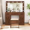 imageGreenvelly Farmhouse Vanity Desk with Lights Brown Makeup Vanity Desk with Lighted Mirror 3 Lighting Modes Brightness Adjustable Dressing Table with Drawers Vanitys Table Set for Women GirlsBrown