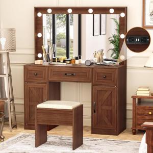 imageGreenvelly Farmhouse Vanity Desk with Lights Brown Makeup Vanity Desk with Lighted Mirror 3 Lighting Modes Brightness Adjustable Dressing Table with Drawers Vanitys Table Set for Women GirlsBrown